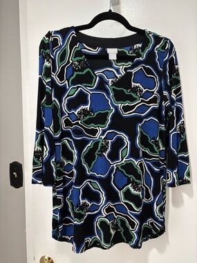 Chico's V-Neck Long Sleeve Top in Blue, Green & Black
